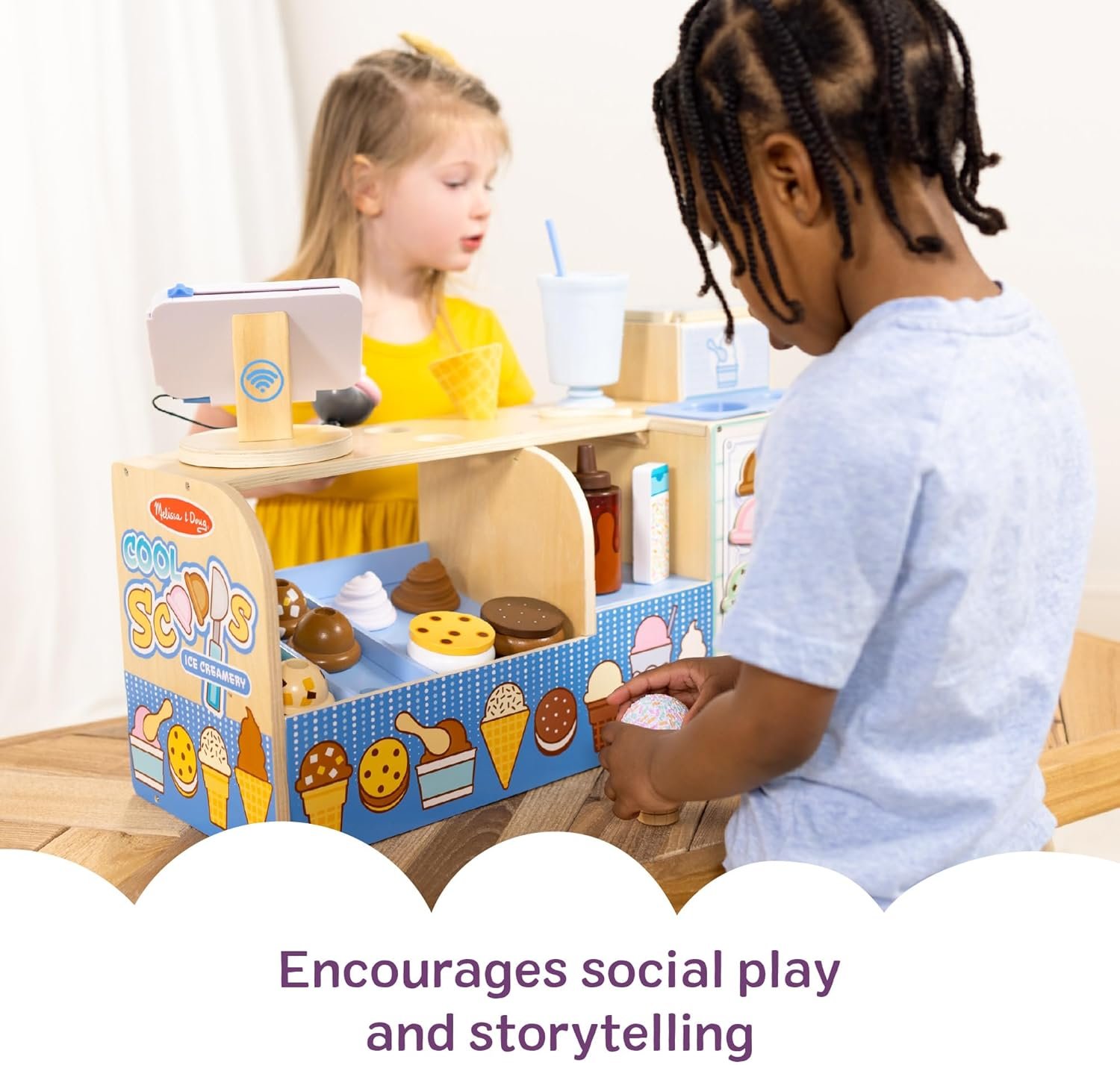 Melissa & Doug Cool Scoops Ice Creamery, Wooden Ice Cream Shop & Counter with Play Food & Play Kitchen Accessories, Preschool Learning Toys for Girls & Boys 3+ - FSC Certified - Image 4