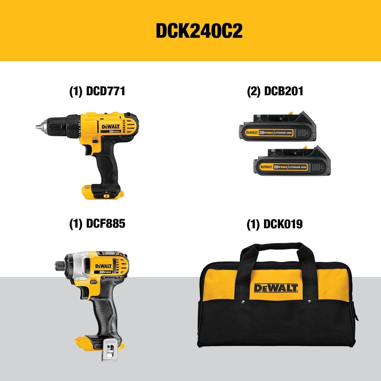 DEWALT 20V MAX Cordless Drill and Impact Driver, Power Tool Combo Kit , Includes 2 Batteries, Charger and Bag (DCK240C2) - Image 2