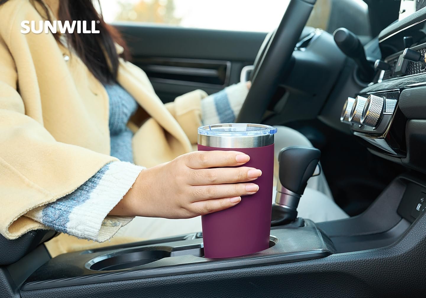 SUNWILL Travel Coffee Tumbler 20 oz, Insulated Mug with Lid, Stainless Steel Cup for Hot and Cold Drinks, Powder Coated Plum - Image 6