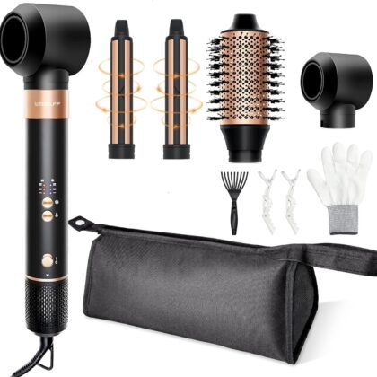 Hair Styler Hair Dryer Brush - 110,000 RPM High-Speed Hot Air Styler,Multi Stylers with Auto-Wrap Curler, Professional Blow Dryer Brush for Fast Curling Volumizing Straightening Styling(Black-Golden)