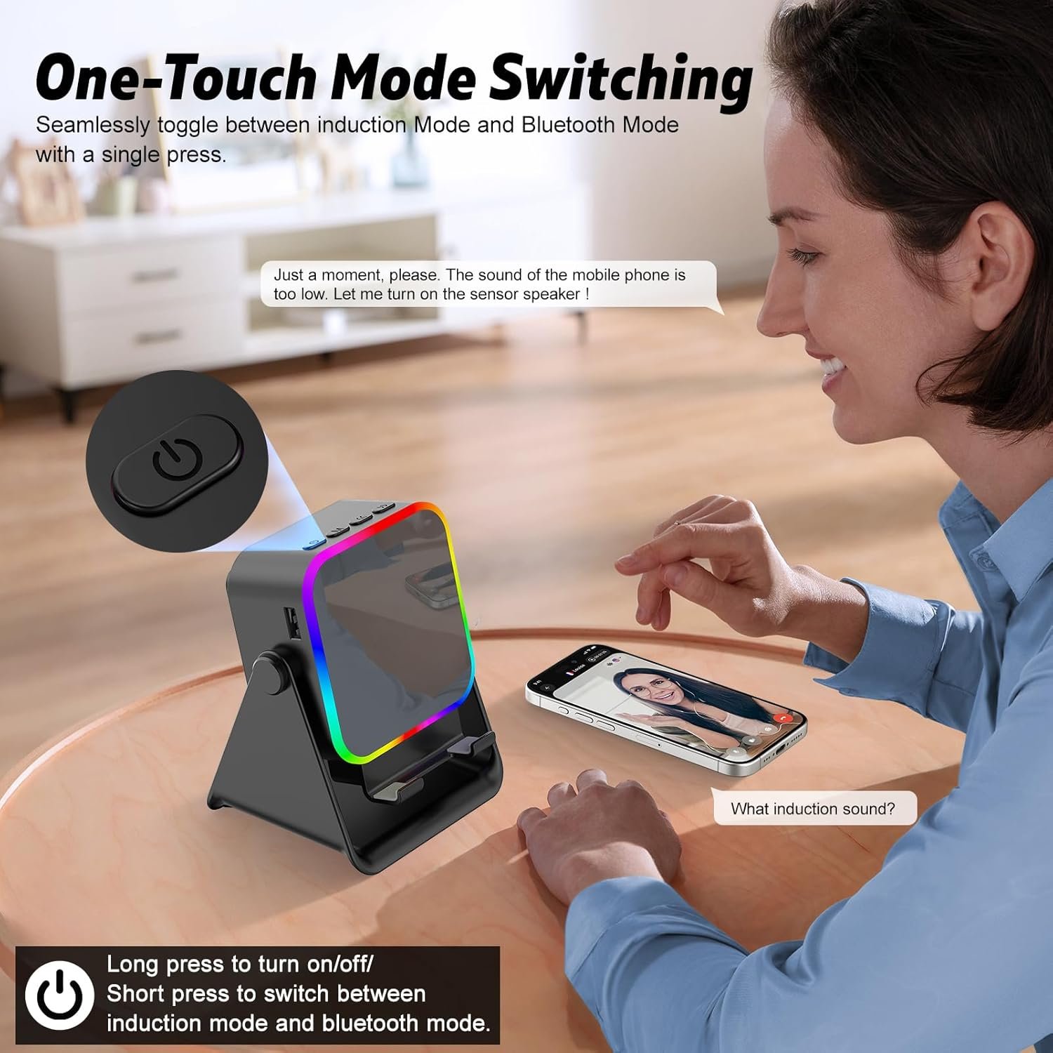 Wireless Induction Portable Bluetooth Speaker - 5 in1 Bluetooth Speaker Phone Stand with Colorful Ambient Light 360° Rotation Compatible with Most Phones - Unique Birthday Gift for Men Women Adults - Image 4