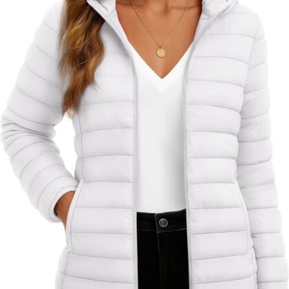 TACVASEN Women's Lightweight Puffer Jacket with Hood Pockets Quilted Padded Full-zip Water-Resistant Winter Coat