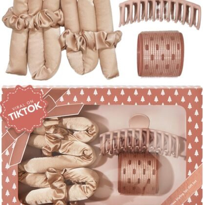 Kitsch Satin Heatless Hair Curler Styling 5pc Gift Set - Satin Heatless Hair Curler w/ 2 Scrunchies, Ceramic Thermal Roller & Claw Clip, Gifts for Women, Hair Roller Styling & Accessories- Champagne