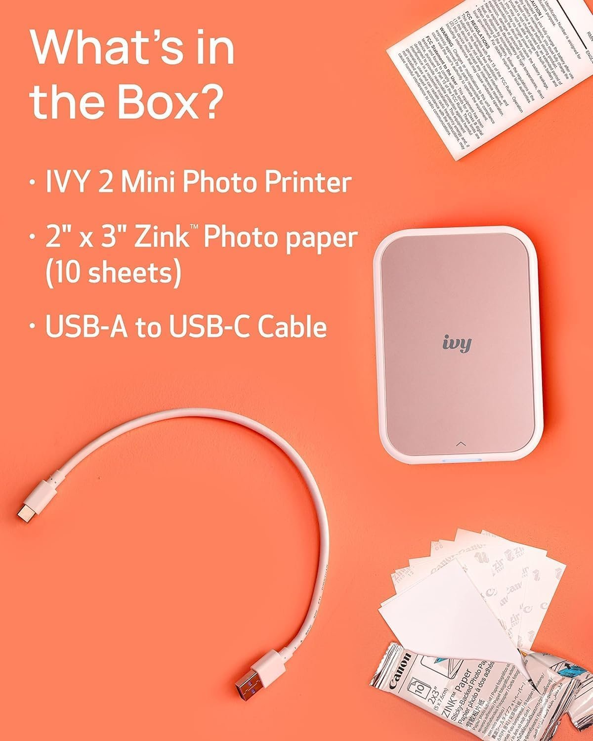 Canon Ivy 2 Mini Photo Printer (Blush Pink) - Bluetooth, Print from iOS & Android Devices, Bundle Incl. 110 Zink Sticky-Back Prints, LED Light Bar, Protective Case, and USB Cable - Image 6