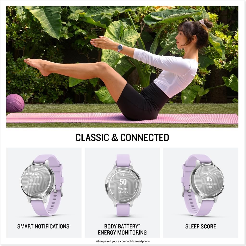 Garmin Lily® 2 Active, Small and Stylish Smartwatch, Built-in GPS, Hidden Display, Patterned Lens, Up to 9 Days Battery Life, Silver with Purple Jasmine Silicone Band - Image 4