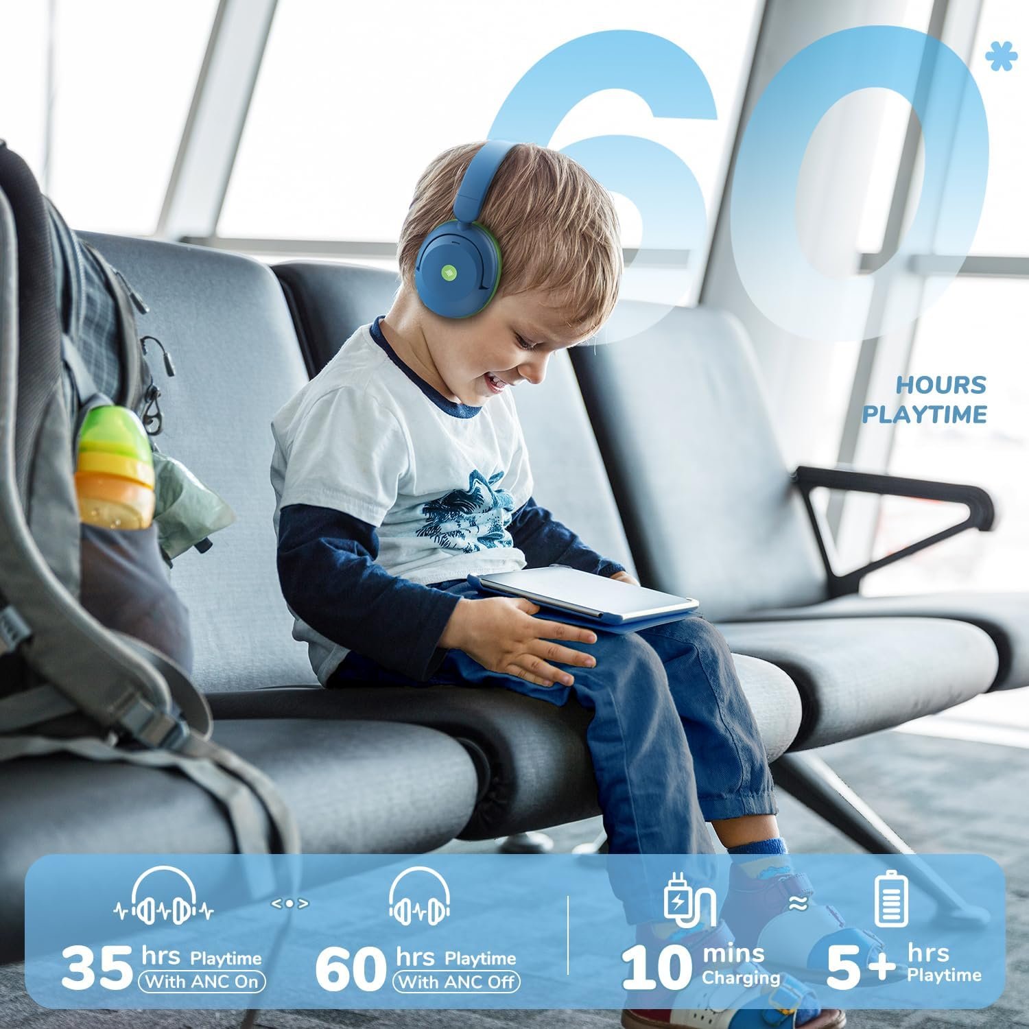 iClever BTH20 Active Noise Cancelling Headphones for Kids, 60H Play Time,Type C Fast Charging, Safe Volume 80dBA, Bluetooth5.4, Award-Winning Kids Headphones Wireless for iPad Tablet Airplane, Blue - Image 4