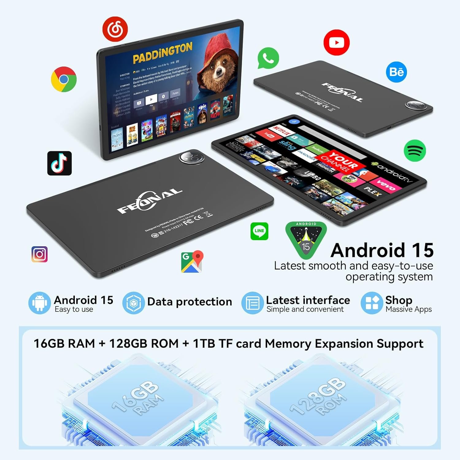 Tablet 11 inch Android 15 Tablet, 2025 Latest Update 128GB ROM 16GB RAM, 4G LTE Tableta, 5G WiFi+Cellular, Octa-Core MTK8786, 13+8 MP Rear and Front Camera,Incell FHD Screen, T-Mobile SIM Card Support - Image 3