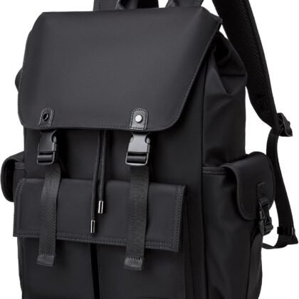 Black Backpack for Men, 16 Inch Laptop Backpack with Computer Compartment, Drawstring Slim Waterproof Tech Backpack for Travel, Work, College or Daily Use