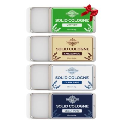 Solid Cologne for Men, Stocking Stuffers, Valentines Day Gifts for Men, Sandalwood, Vetiver, Cedarwood, Sage Scents, 4 Pack