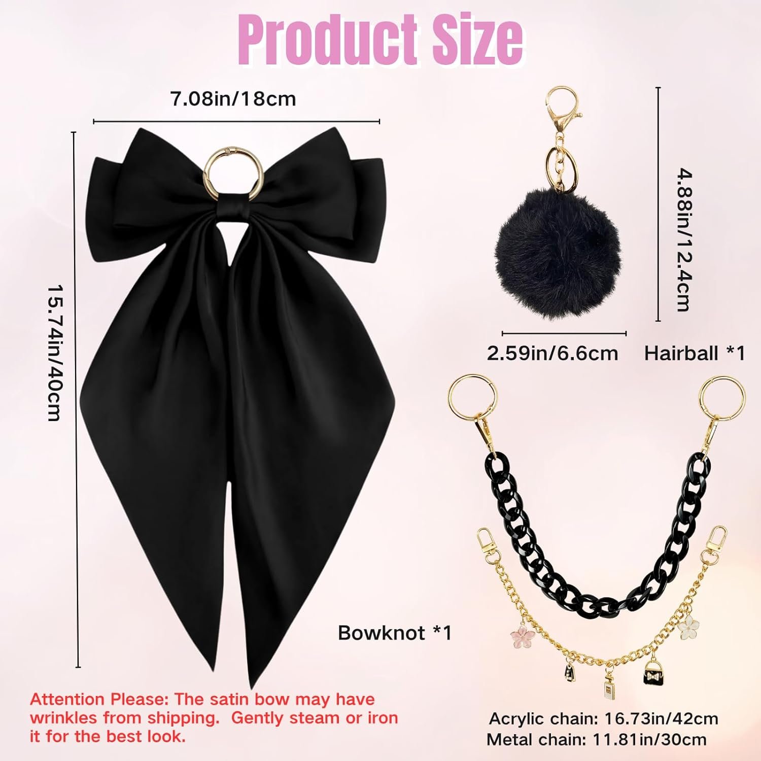 4PCS Tote Bag Decoration Kit Compatible with YETI Camino 20/35/50 Carryall, Compatible with Bogg Beach Tote Bags Accessories, Bow Fluffy Ball Gold Chain Charms Accessories for Girls Women (Black) - Image 2