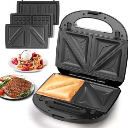 Aigostar Sandwich Maker Panini Press Grill, 3 in 1 Waffle Maker with Removable Non-stick Plates, Electric Grilled Cheese Maker, Portable Cool Touch Handle, Led Indicator Lights & Easy to Clean, 750W