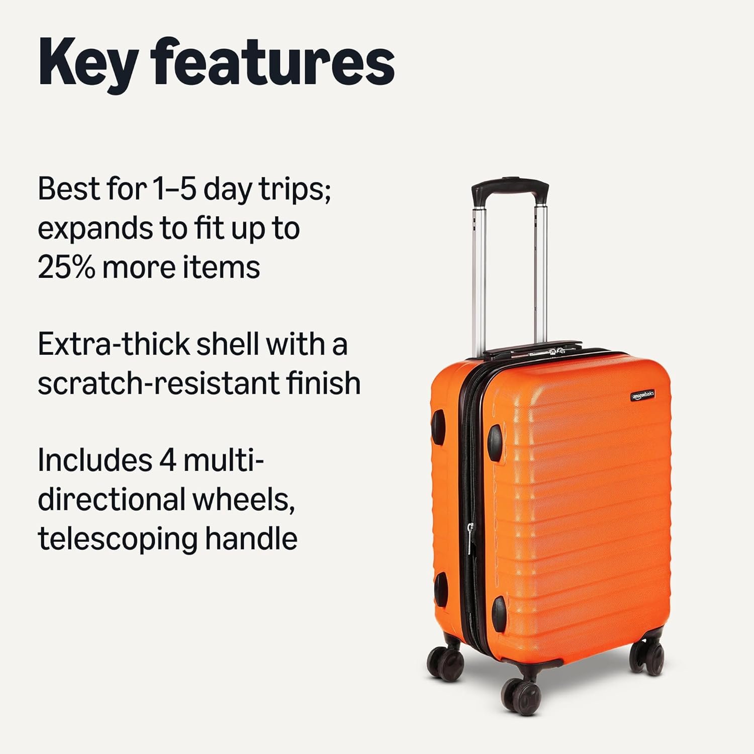 Amazon Basics 21" Hardside Carry-On Luggage, Hardshell Suitcase With Wheels, Expandable For Up to 25% More Space, With Scratch-Resistant Surface, Four Multi-directional Wheels, Orange - Image 2