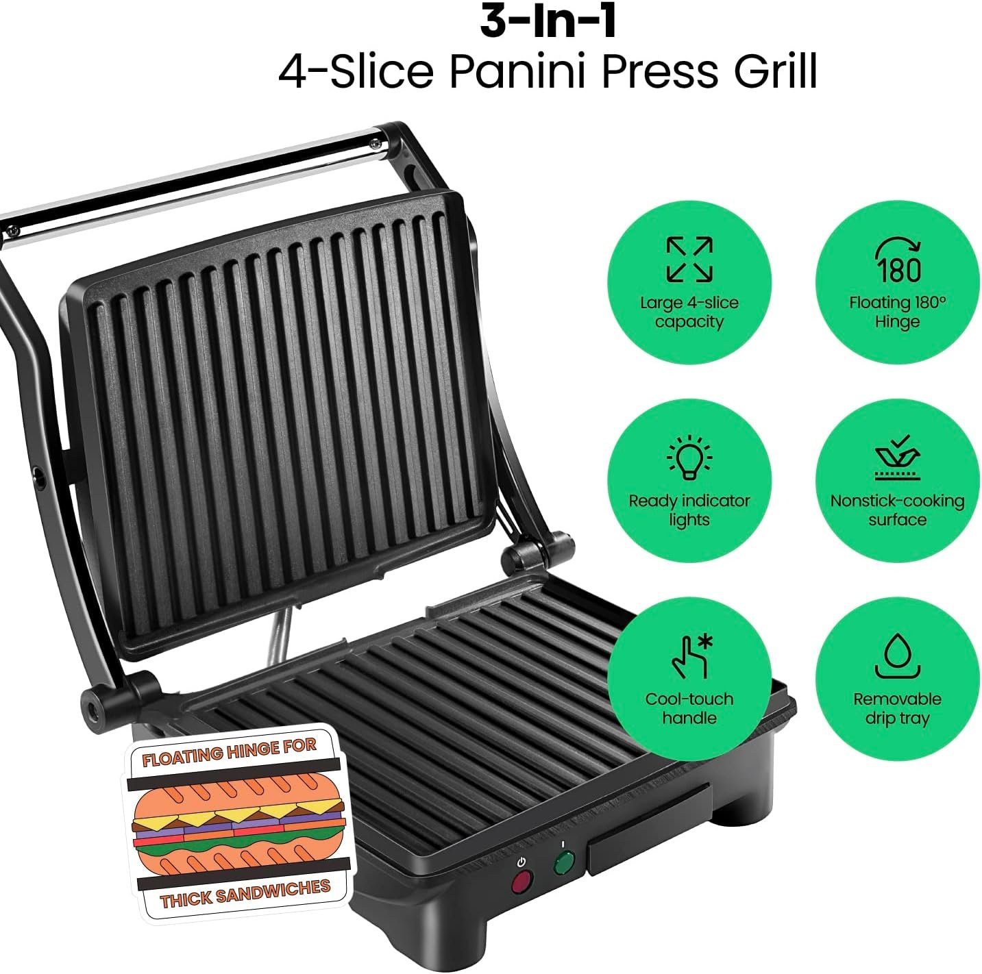 Chefman Panini Press Grill and Gourmet Sandwich Maker Non-Stick Coated Plates, Opens 180 Degrees to Fit Any Type or Size of Food, Stainless Steel Surface and Removable Drip Tray, 4 Slice, Black - Image 2