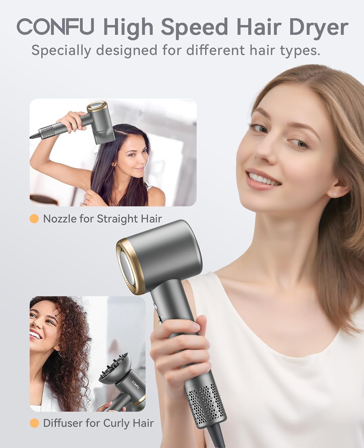 Hair Dryer, CONFU Ion Hair Dryer with Diffuser for Curly Hair, 110000 RPM Professional High Speed Blow Dryer, 1400W Diffuser Hairdryers Fast Drying for Women Men - Image 4
