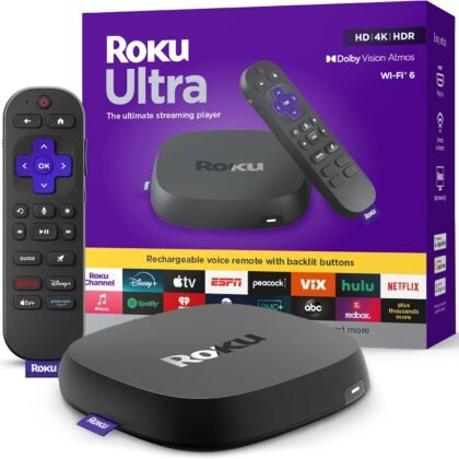 Roku Ultra - Ultimate Streaming Player - 4K Streaming Device for TV with HDR10+, Dolby Vision & Atmos - Bluetooth & Wi-Fi 6- Rechargeable Voice Remote Pro with Backlit Buttons - Free & Live TV
