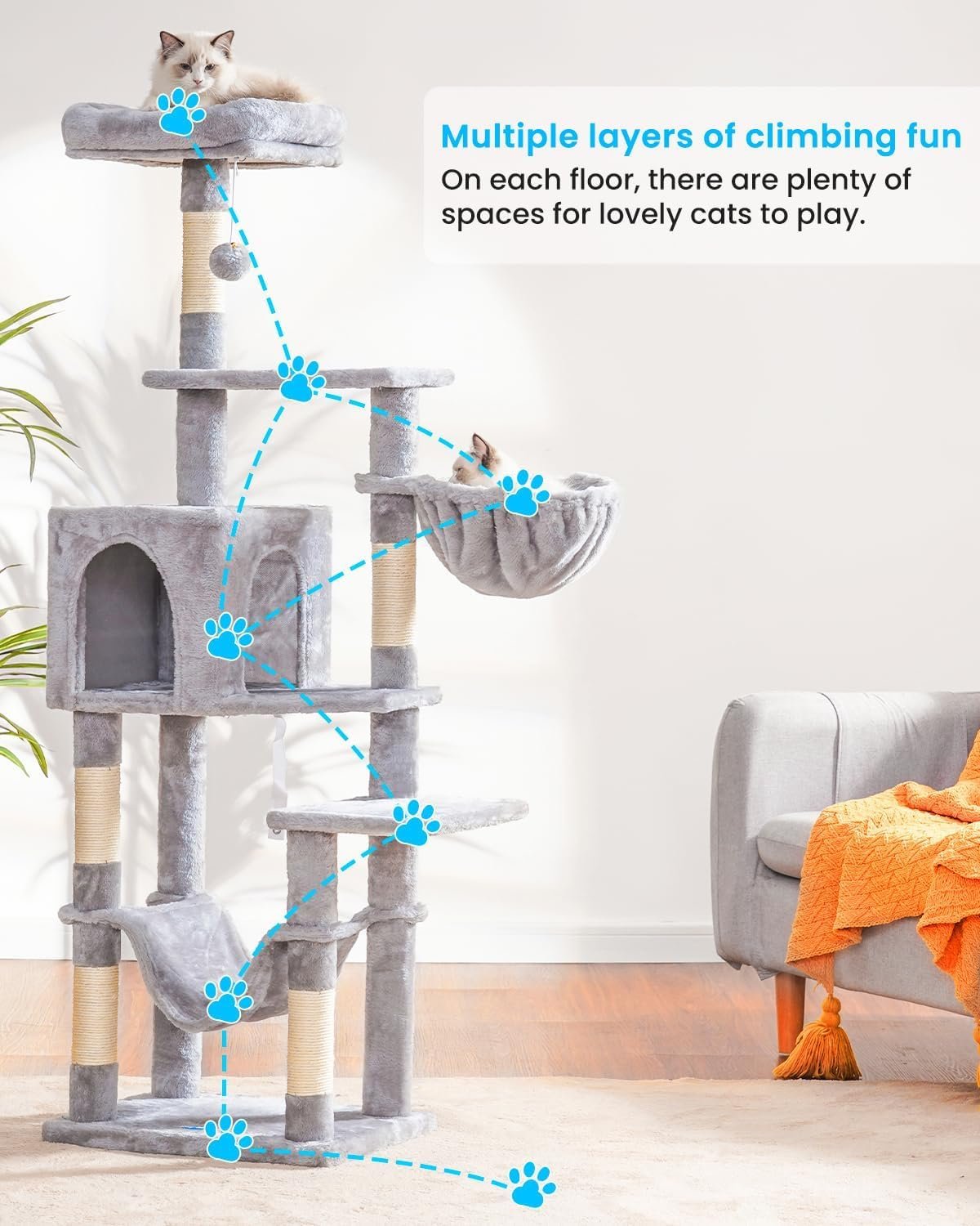 Hey-brother Cat Tree with Large Hammock, Multi-Level Cat Tower for Indoor Cats, Cat Condo with Sisal-Covered Scratching Posts and Top Perch, Light Gray MPJ050W - Image 2