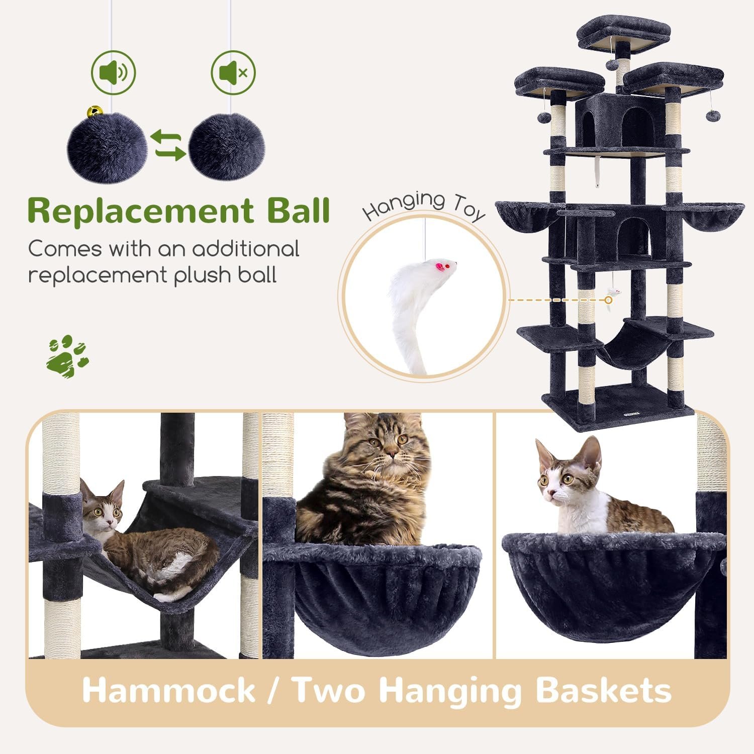 Globlazer Big Cat Tower for Indoor Cats, 80inch Cat Tower for Multiple Adult Cats XXL Cat Tree with Scratching Post, Hammock, 3 Perches, 2 Condos, 2 Hanging Basket, F80, Dark Grey - Image 5