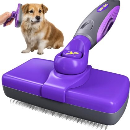 Hertzko Self Cleaning Slicker Brush for Dogs and Cats - Pet Hair Brush for Shedding Long and Short Hair - Easy Clean Retractable Bristles - Cat and Dog Grooming Tool - Purple