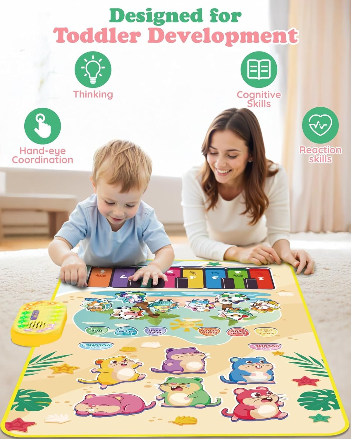 3-in-1 Musical Mat Toys for Toddlers, Led Light Up Mole Bashing & Piano Keyboard & Animal Sounds with 2 Drum Sticks,Early Educational Musical Learning Toys, Birthday Gifts for 3+ Boys & Girls - Image 6