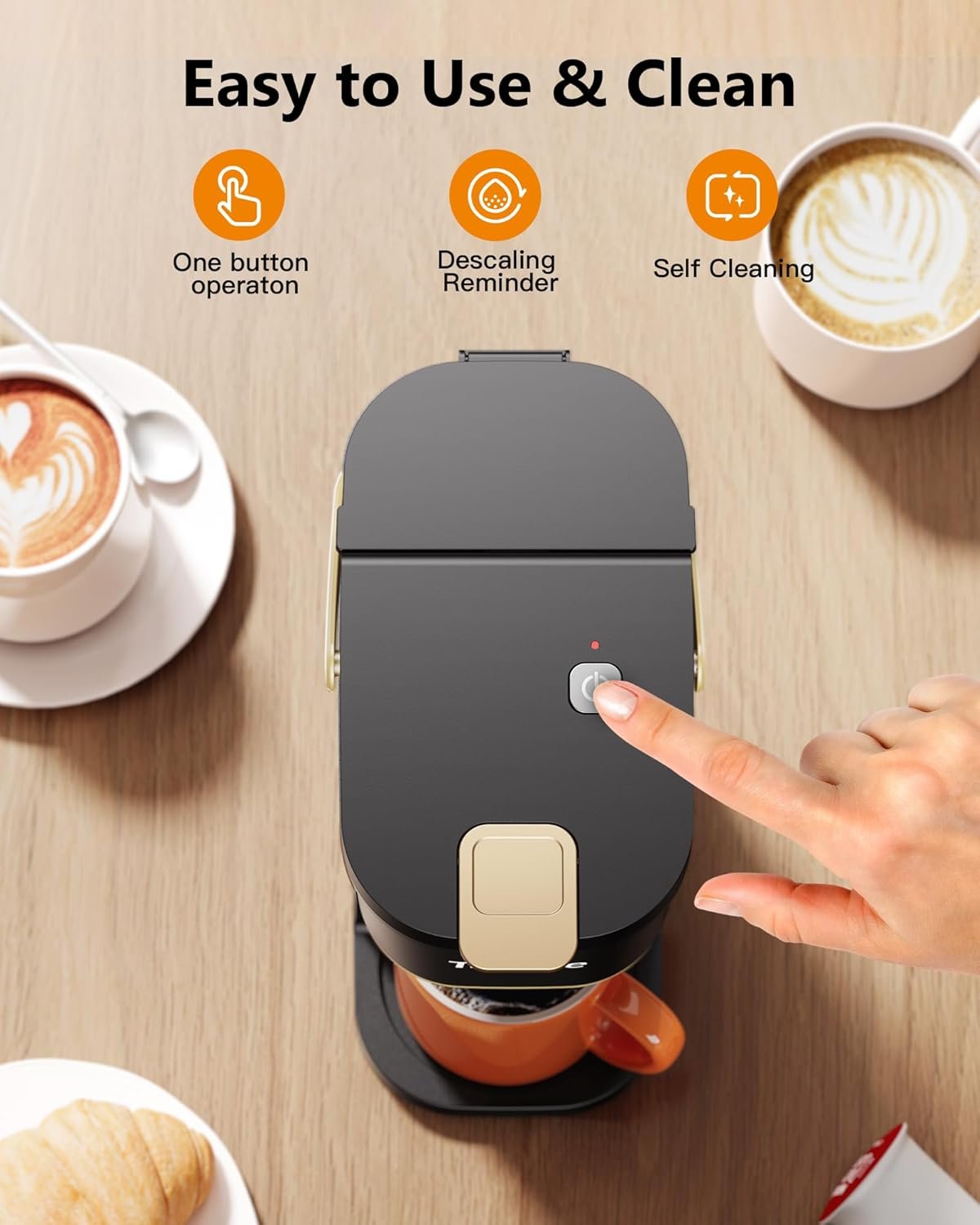 Single Serve One Cup Coffee Maker, for K Cups and Grounds, Mini Coffee Maker with Portable Handle, 6 to 12 Oz Brew Size, for Travel, Camping, Office, RV and Dorm, 120V, Black and Gold - Image 6