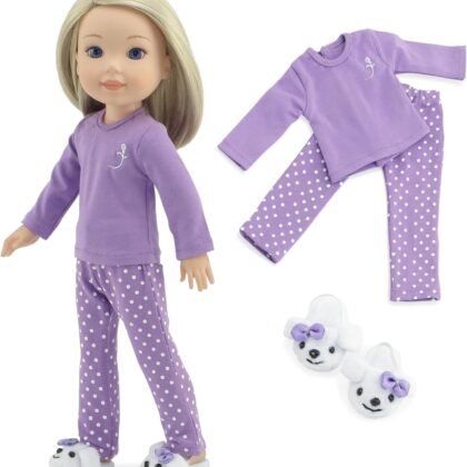 Emily Rose 14 Inch Doll Purple Polka Dot Pajama Set Gift Boxed | USA Brand 3-Piece Sleeping Outfit with Fluffy Puppy Slippers | Encourages Creative Learning | Fits Wellie Wisher & Glitter Girl Dolls