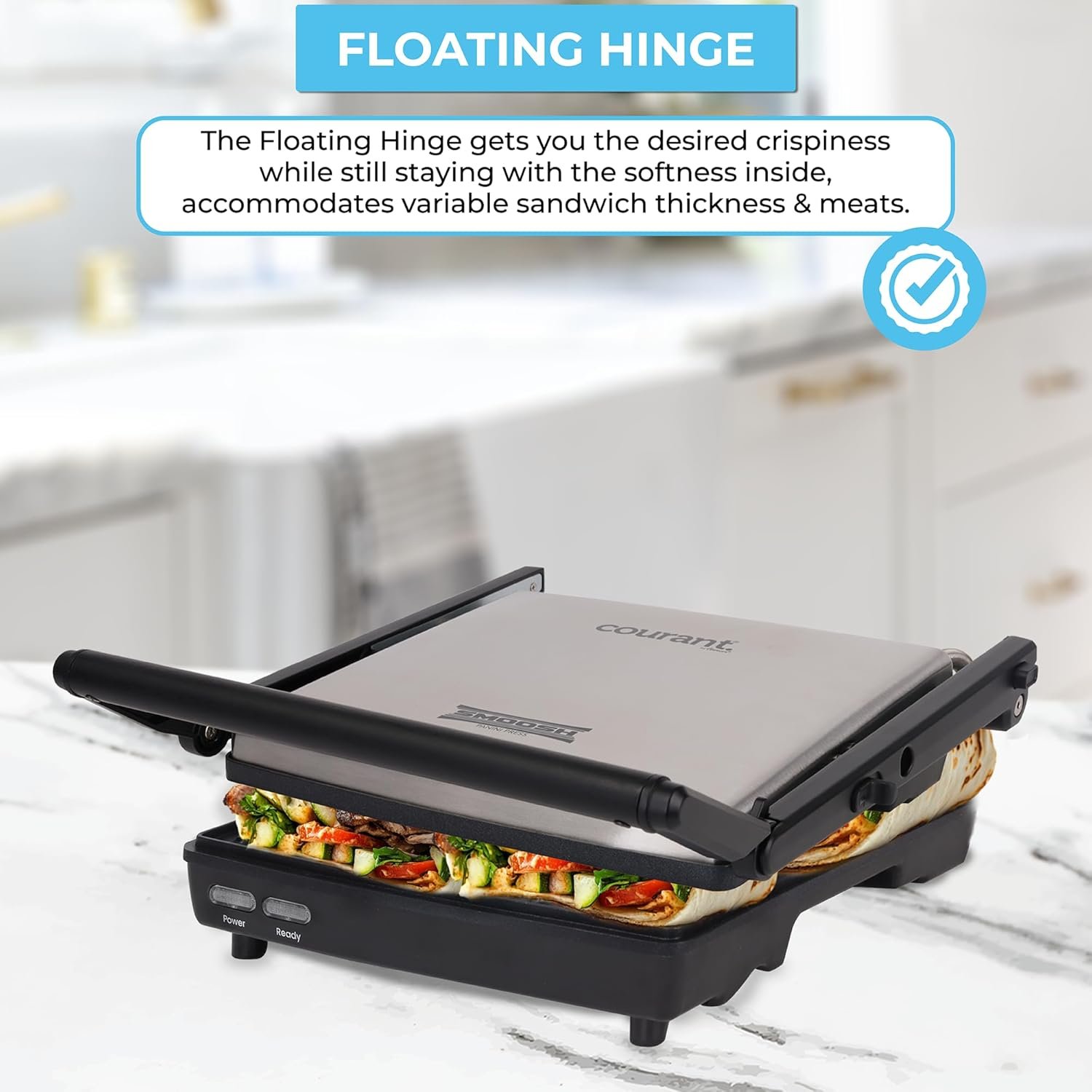 Courant Panini Press Gourmet Sandwich Maker, Super Slim Design with Foldable Handle, 4 Servings Grill with Non-Stick Plates, Opens 180° for Table Grill, Stainless Steel 1400 Watts - Image 4