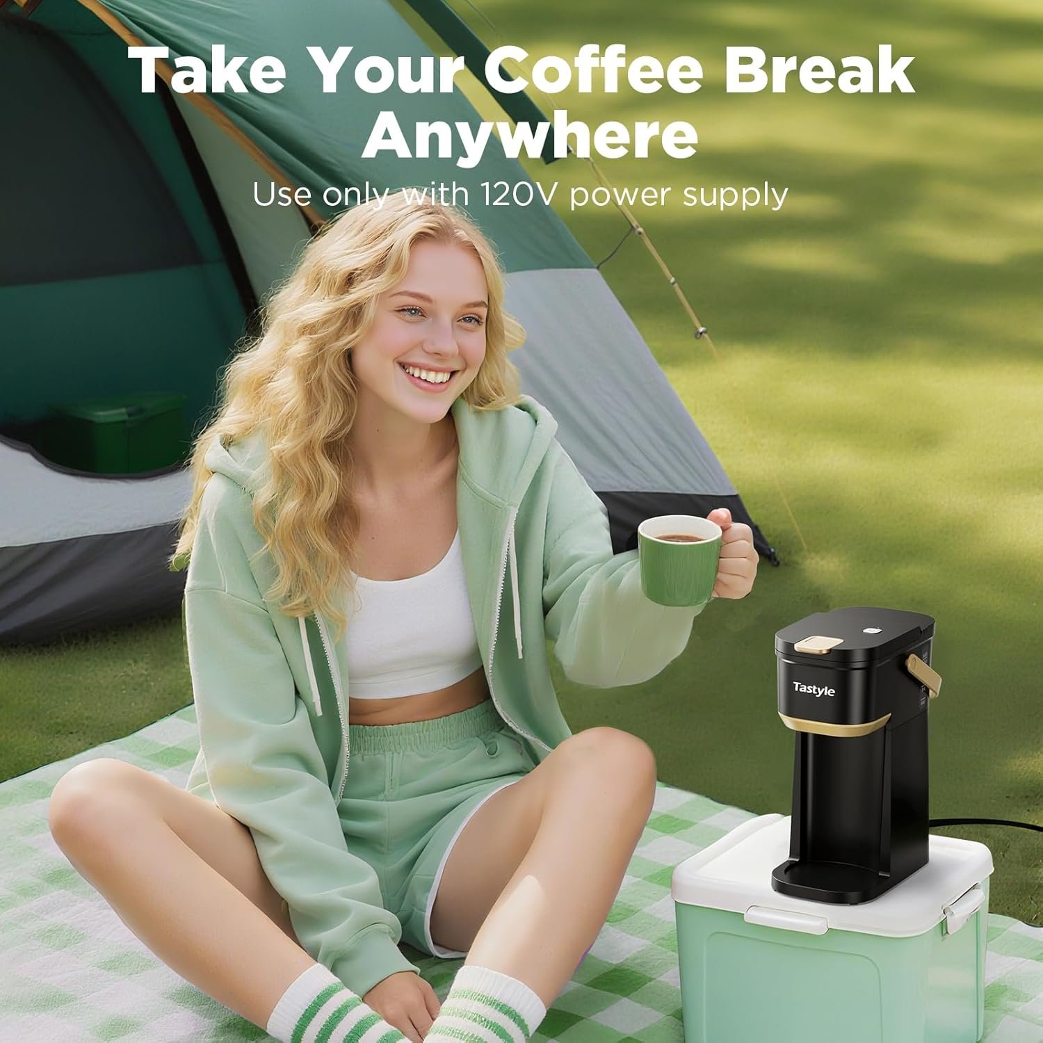 Single Serve One Cup Coffee Maker, for K Cups and Grounds, Mini Coffee Maker with Portable Handle, 6 to 12 Oz Brew Size, for Travel, Camping, Office, RV and Dorm, 120V, Black and Gold - Image 7