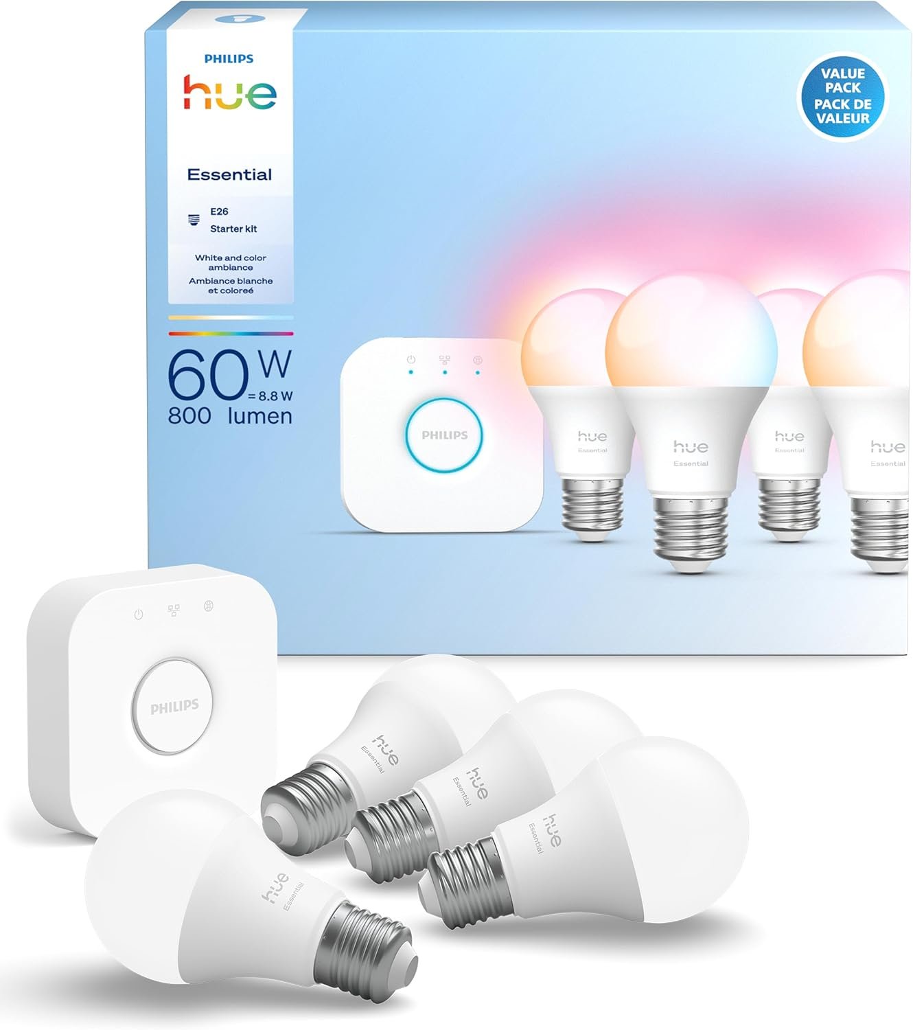 Philips Hue Essential Starter Kit: Bridge + 4 Essential E26 Smart Bulbs,White & Color Ambiance,2200K-6500K,Dimmable,Compatible with Alexa,Google,Samsung SmartThings,Apple Home