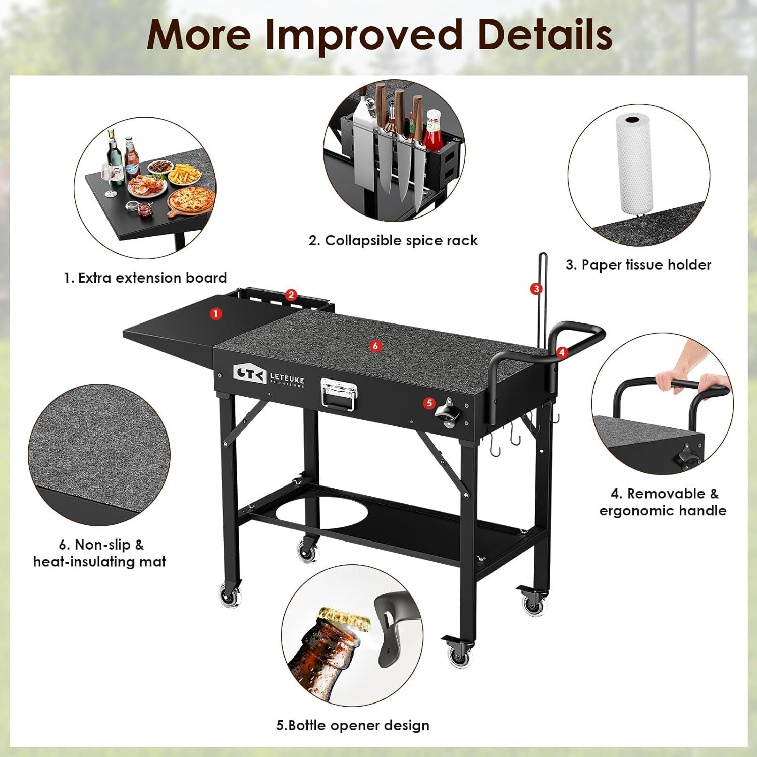 Leteuke Grill Cart for Blackstone Griddle, Portable Outdoor Grill Table, Foldable Cart Table with Wheels for Ninja, Griddle Stand Fit 17 Inch Or 22 Inch, BBQ Prep Tables with Seasoning Tray - Image 4