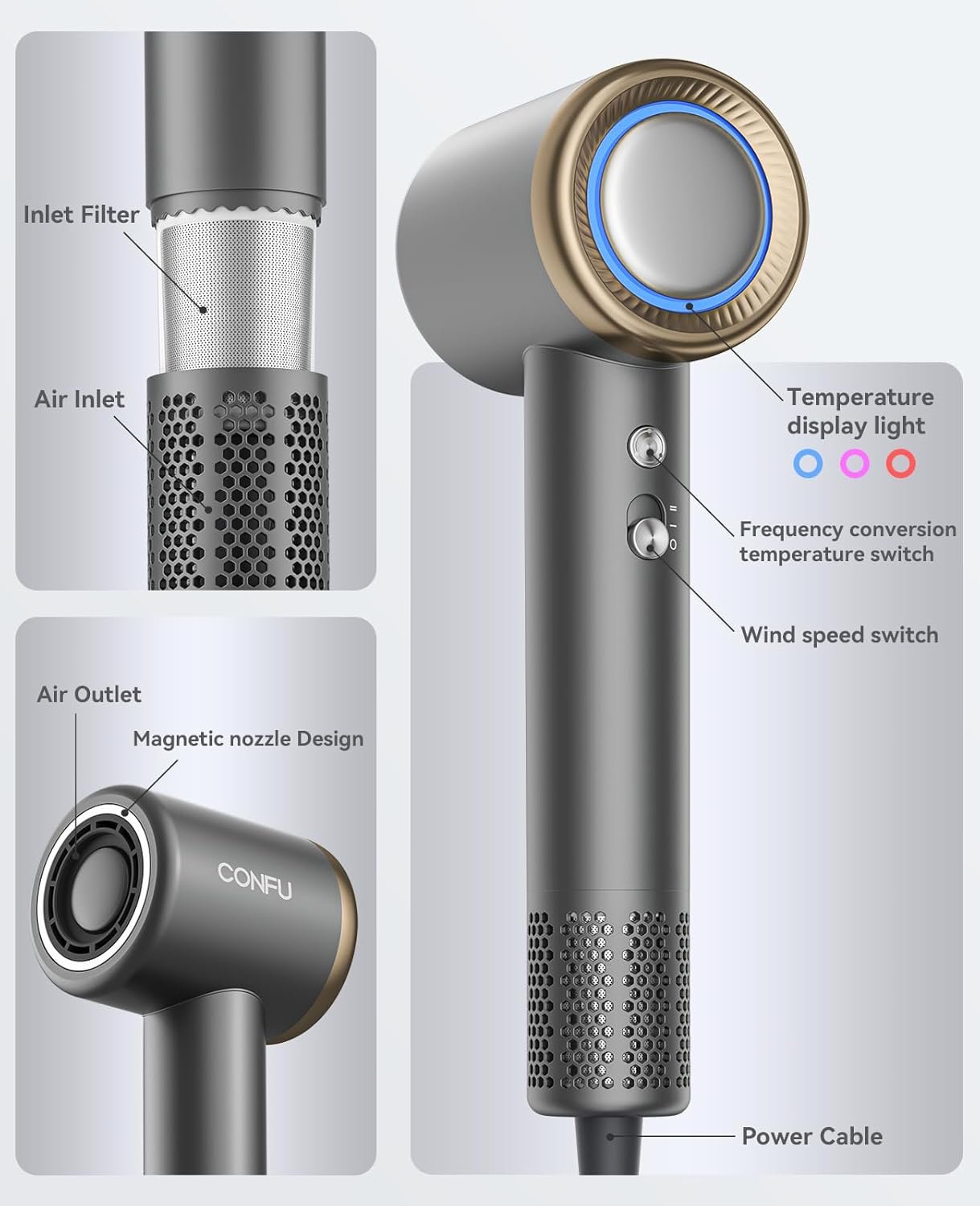 Hair Dryer, CONFU Ion Hair Dryer with Diffuser for Curly Hair, 110000 RPM Professional High Speed Blow Dryer, 1400W Diffuser Hairdryers Fast Drying for Women Men - Image 5