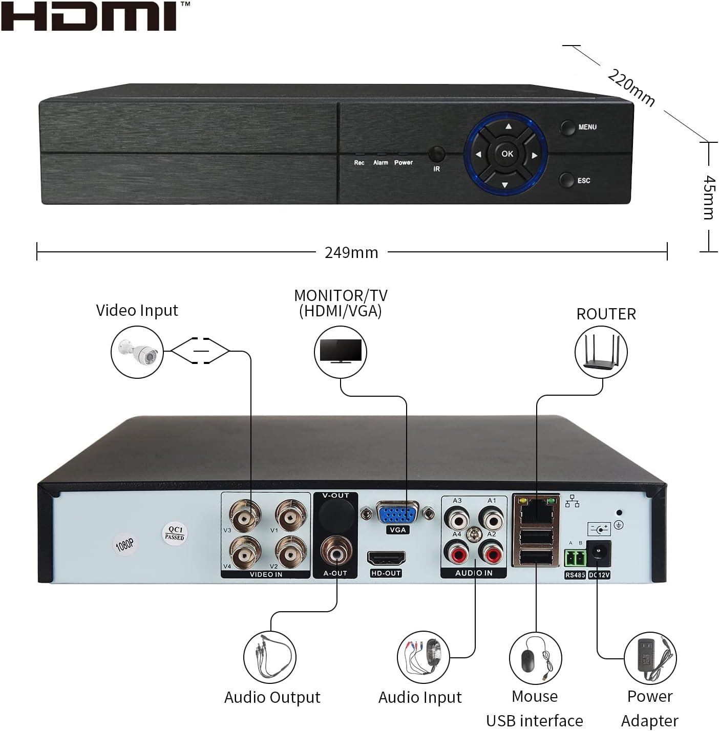 Eversecu 4Ch Home Security Camera System, 1080P DVR & 4pcs HD Weatherproof Cameras, Night Vision, Motion Alert, Remote Access, Power adapters & Premade Cables Included, No Hard Driver - Image 2