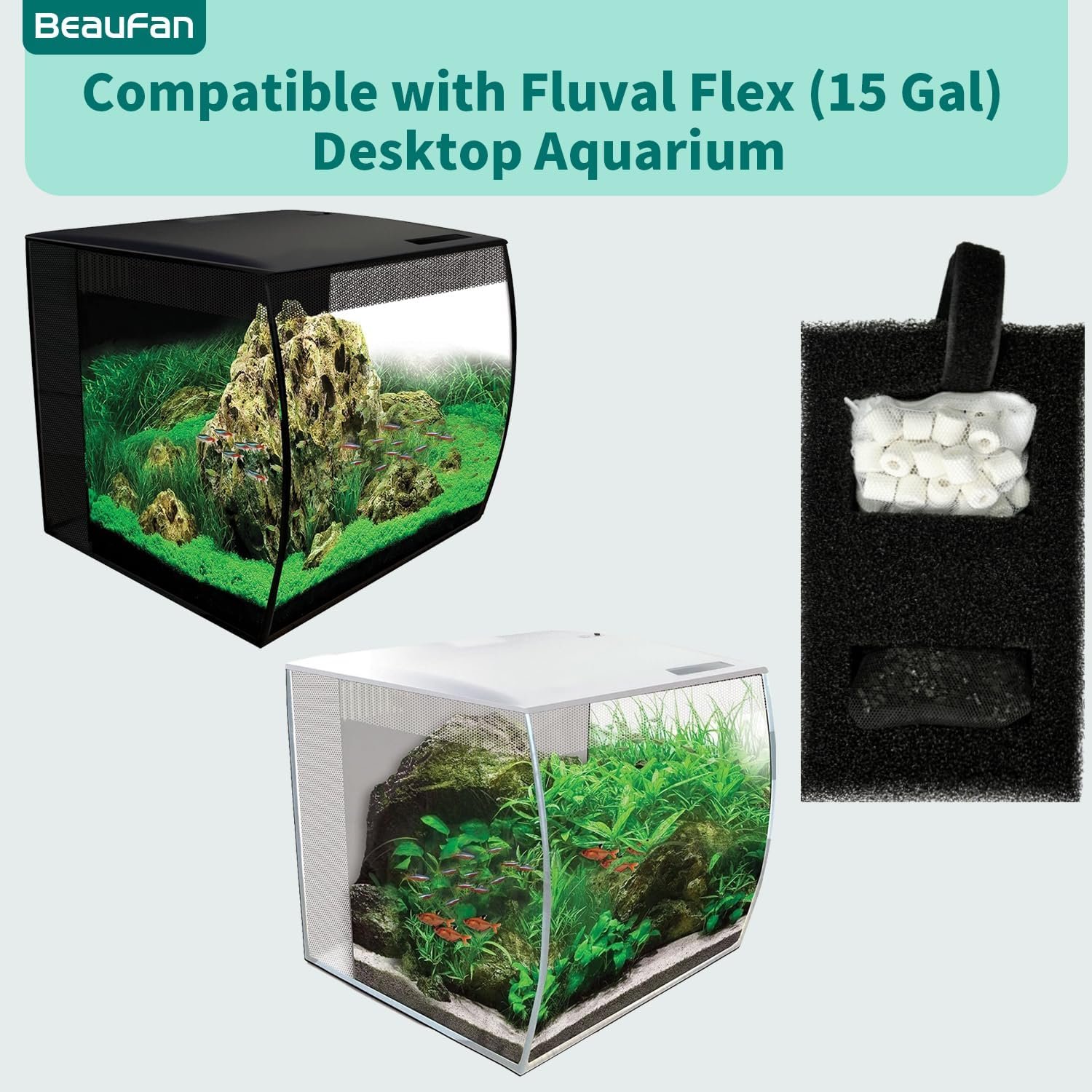 2 Set Aquarium Filter Media Kits Compatible with Fluval Flex (15 Gal) Desktop Aquarium, Includes 2 Carbon Filter Refills, 2 Foam Filters A1375, 2 Ceramic Rings & 1 Filter Cord - Image 2