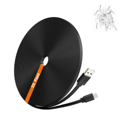 33FT USB C Extension Cable for CCTV WiFi Security Camera, Type-C Flat Charging Cord, Waterproof Power Supply Wire Compatible with Blink Mini 2 Blink Outdoor 4 Ring Indoor Cam Furbo 360,Black