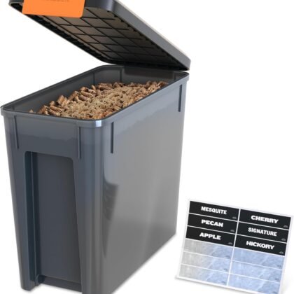 Traeger Grills BAC637 Stay Dry Pellet Storage Bin with Locking Lid, 22lb Capacity Wood Pellet Container with Flavor Stickers, Stackable Design, Airtight Storage for Grill Pellets