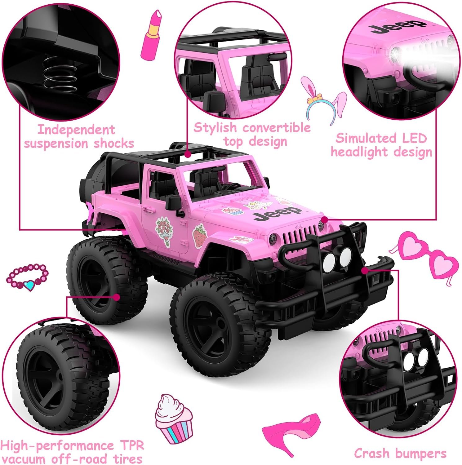 DOUBLE E Jeep Licensed 1:14 Scale Pink Remote Control Car for Girls with DIY Stickers, Open-top Design RC Jeep, 80 Min Play 2.4Ghz Off Road RC Trucks with LED Lights, Birthday/Xmas Gifts for Girls - Image 4