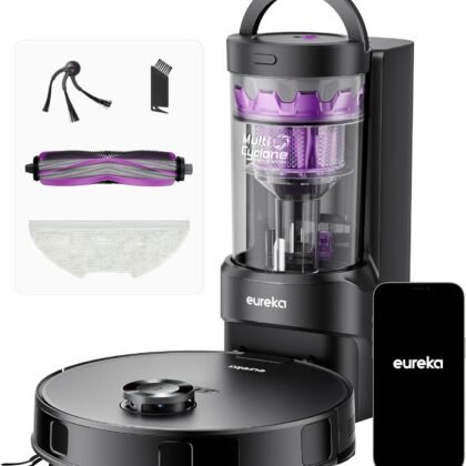 Eureka E20 Evo Plus Robot Vacuum and Mop Combo, 10,000Pa Suction Robot Vacuum Cleaner Bagless Self-Emptying Station, 45-Day Capacity Anti-Hair-Tangling Side Brush Mop Lifting App Control LiDAR Nav
