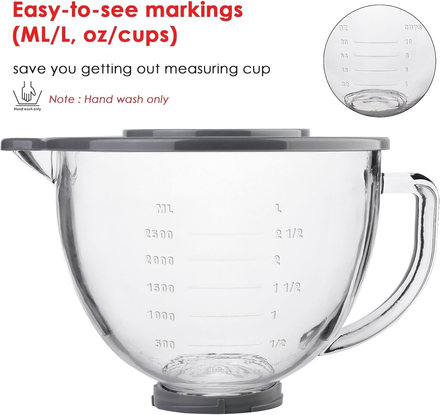 Glass Mixing Bowl Accessory 5 Quart - Compatible with KitchenAid 4.5 and 5 Quart Tilt-Head Stand Mixers (With Lid & Lock Ring) - Image 7