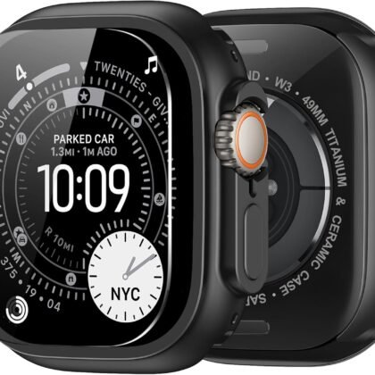 amBand Metal Case Screen Protector Cover for Apple Watch Ultra 3/Ultra 2/Ultra 49mm, W3 Rugged Bumper Thin Frame + 9H Tempered Glass Film + Ceramic-Like Back Cover, [Stylish] [Waterproof], Matte Black