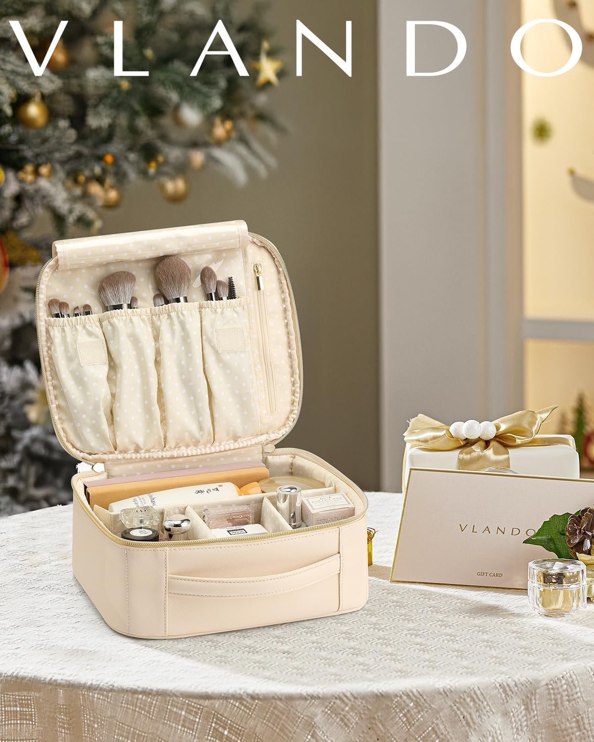 Vlando Travel Makeup Bag, Makeup Bag Organizer,Gift Ideas for Women Girls,Makeup Storgae Bag with Dividers and Handle,Gifts for Christmas,Birthday,Wedding Beige - Image 2