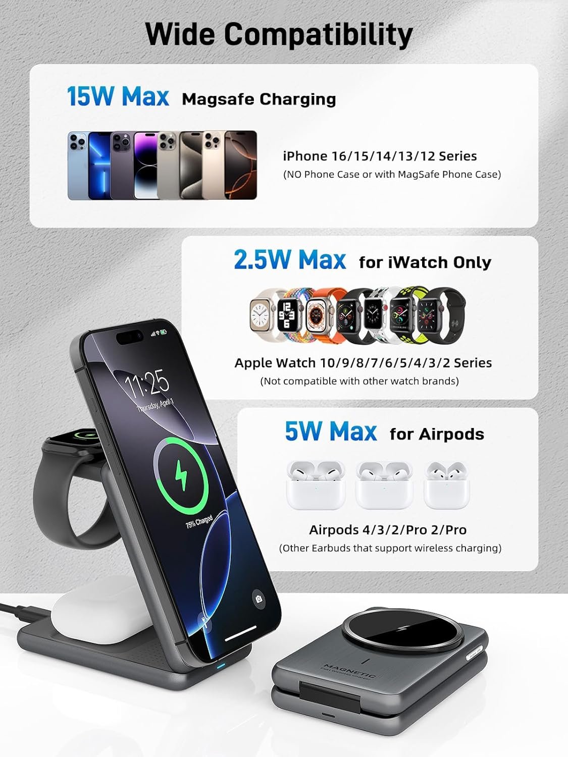 Wireless Charger for Apple, 3 in 1 MagSafe Charger Foldable Magnetic Charger for iPhone 17/16/15/14 Series, Airpods Pro 2, iWatch Series 10/9/8/7, Travel Charging Station for Apple Multiple Devices - Image 2