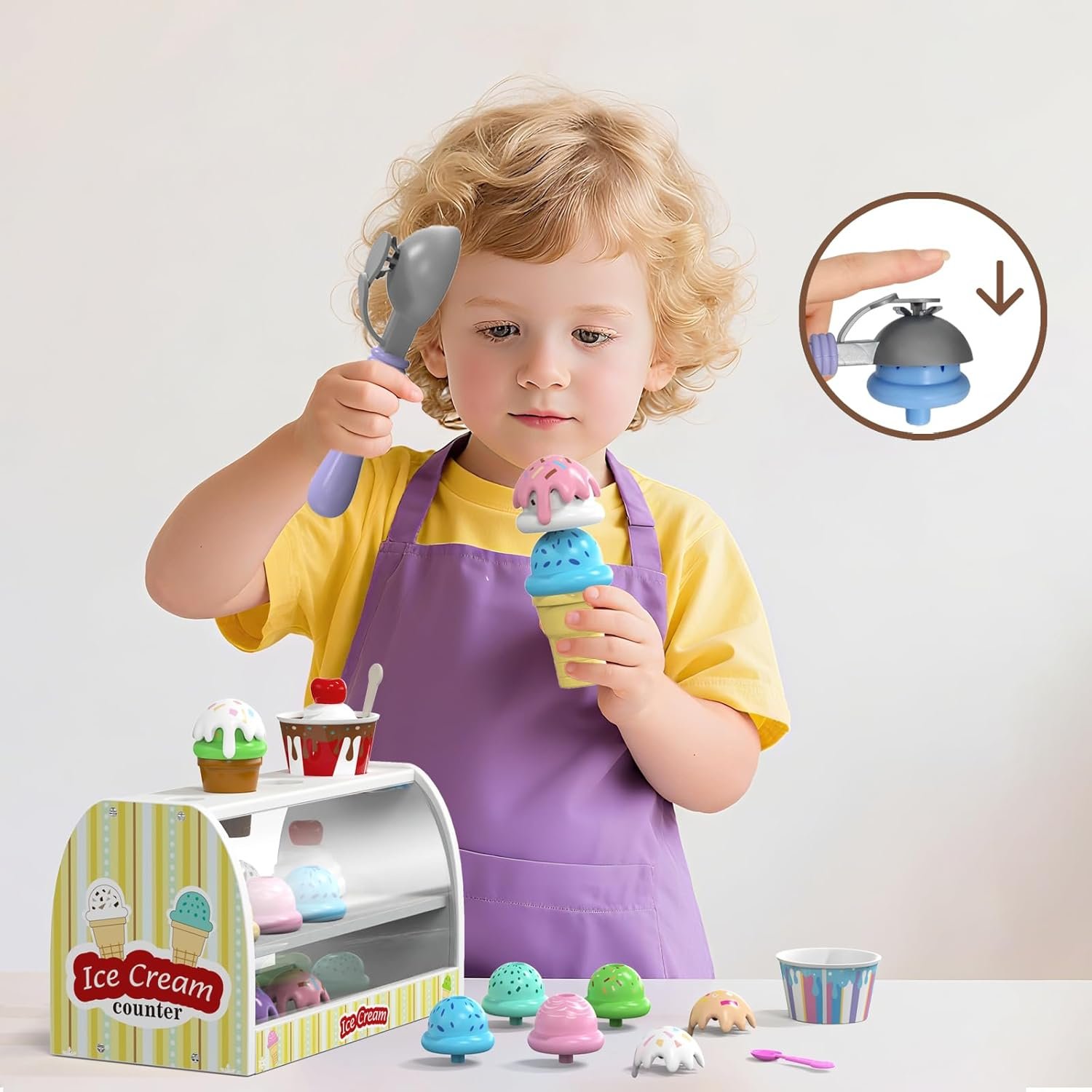 Ice Cream Toy for Kids - Toys for 3 4 Year Old Girls, Wooden Ice Cream Counter Shop Pretend Play Food with Apron, Scoop, Menu, Fake Money, Gifts for Boys Girls Toddlers Ages 3 4 5 - Image 5