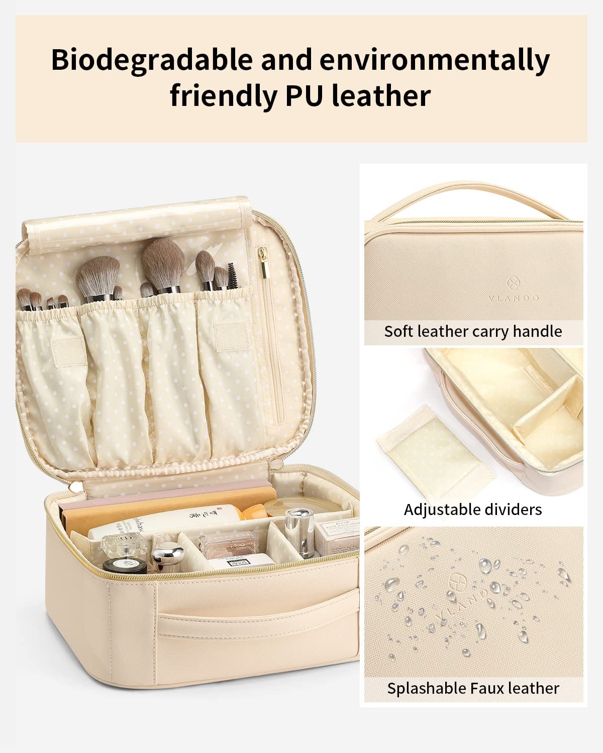 Vlando Travel Makeup Bag, Makeup Bag Organizer,Gift Ideas for Women Girls,Makeup Storgae Bag with Dividers and Handle,Gifts for Christmas,Birthday,Wedding Beige - Image 3