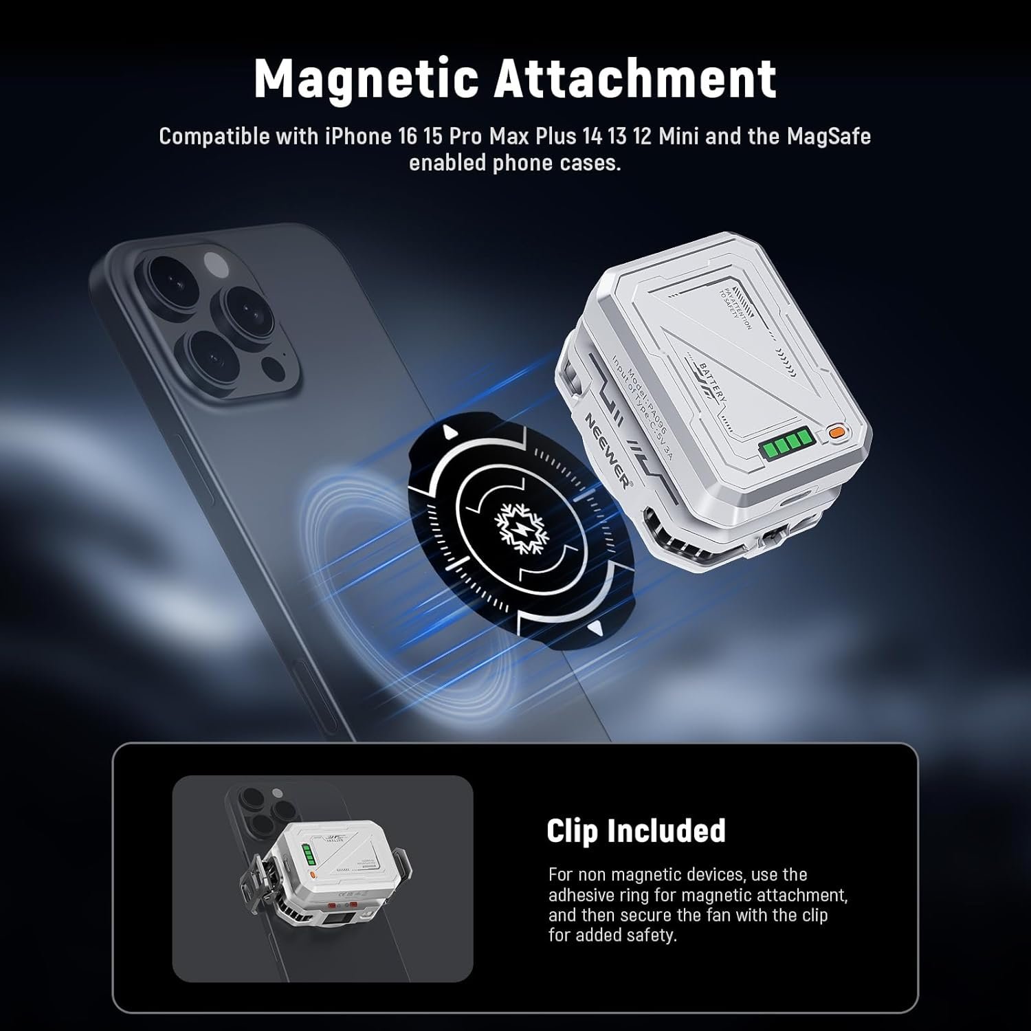 NEEWER BASICS Magnetic Phone Cooler with 5000mAh Battery, Type C Rechargeable Wireless Cooling Fan Case with Magnetic Ring & Clip Compatible with iPhone 16 15 Pro Max MagSafe Samsung for Gaming, PA096 - Image 3