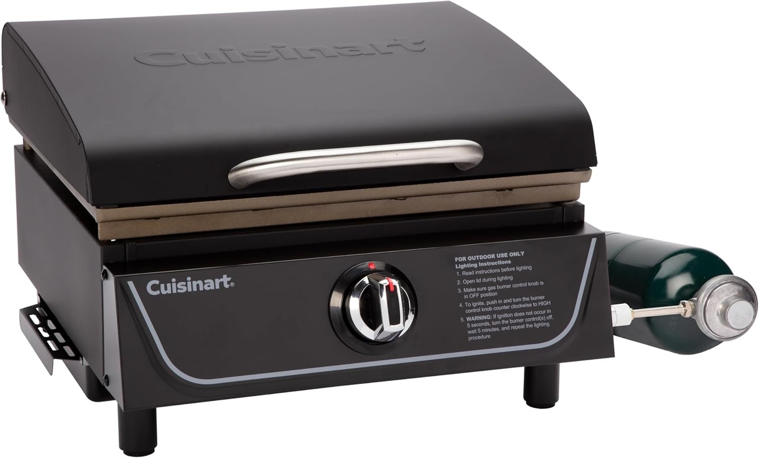 Cuisinart 17” Tabletop Gas Griddle with Hood, Easy Assembly Compact Outdoor Flat-Top Grill with Grease Cup, 255 Sq. In Cooking Space Perfect for Camping, Tailgates and BBQs