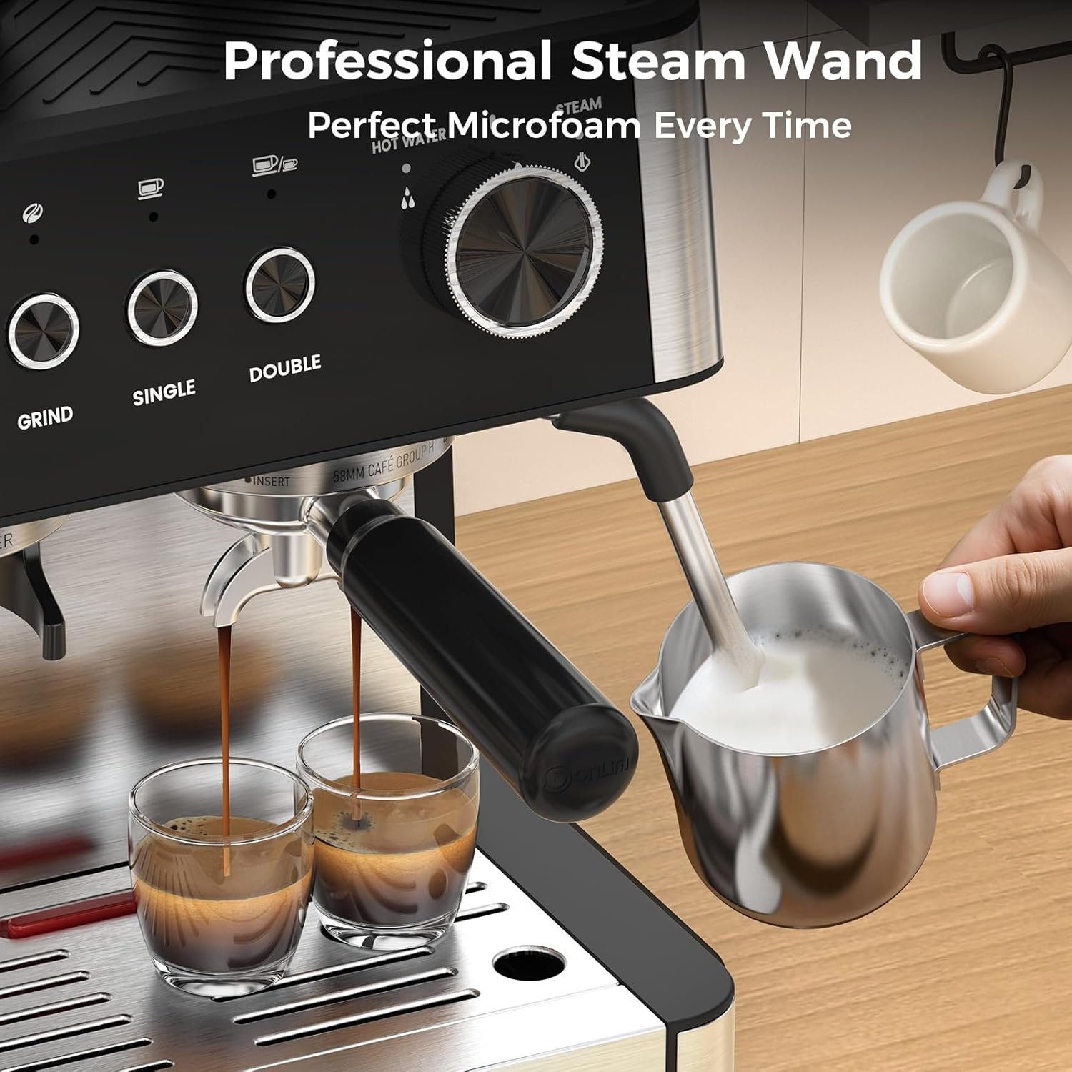 (2025 Upgrade) 20 Bar Espresso Machine with Built-in Anti-Clog Coffee Grinder, Expresso Coffee Machines with Milk Steam Wand/Frother/Tamping Tools ,Espresso Maker with Grinder for Lattes, Cappuccinos - Image 4