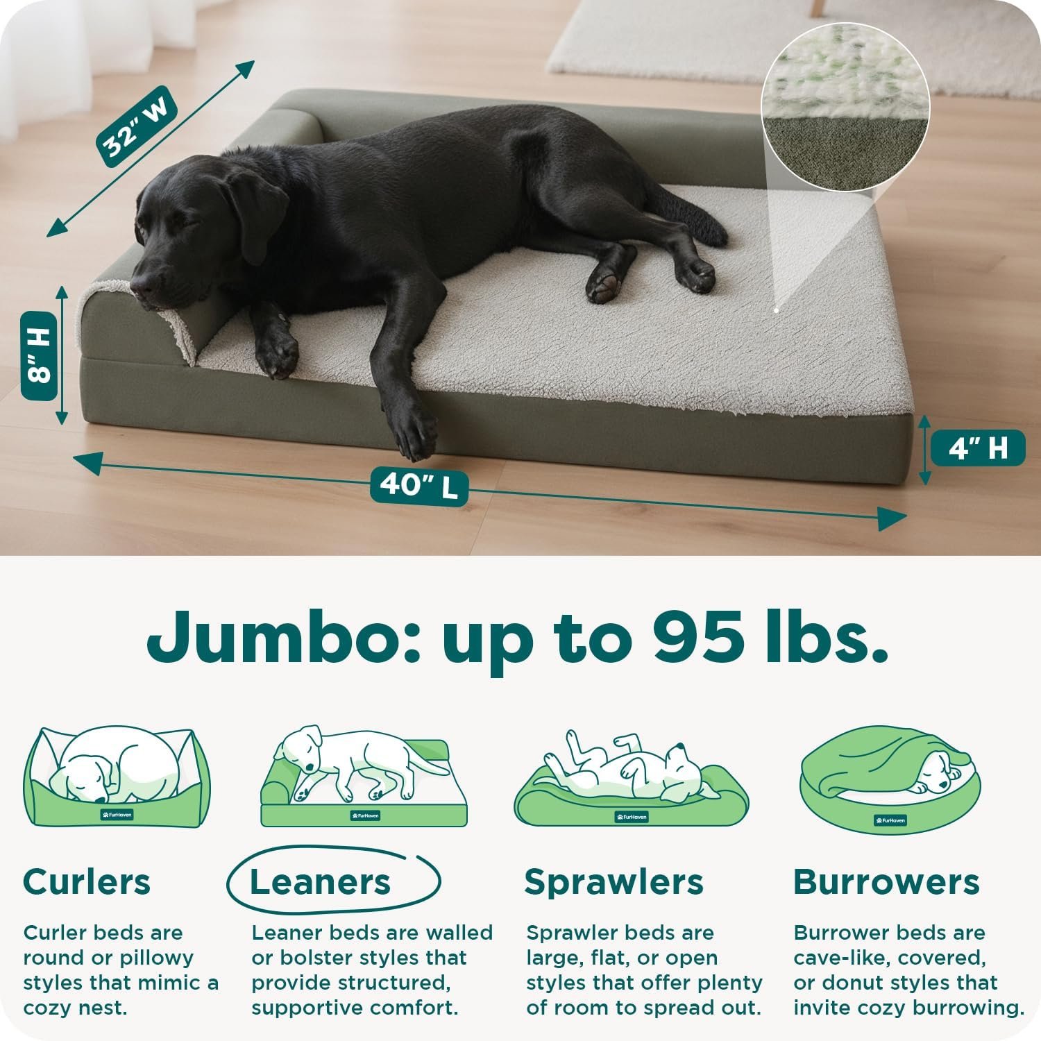 FurHaven Orthopedic Dog Bed for X-Large Dogs, L-Shaped Chaise Contour Mattress with Egg Crate Orthopedic Memory Foam for Joint Support, Removable Washable Cover, Jumbo/XL, Faux Fur & Suede, Dark Sage - Image 3
