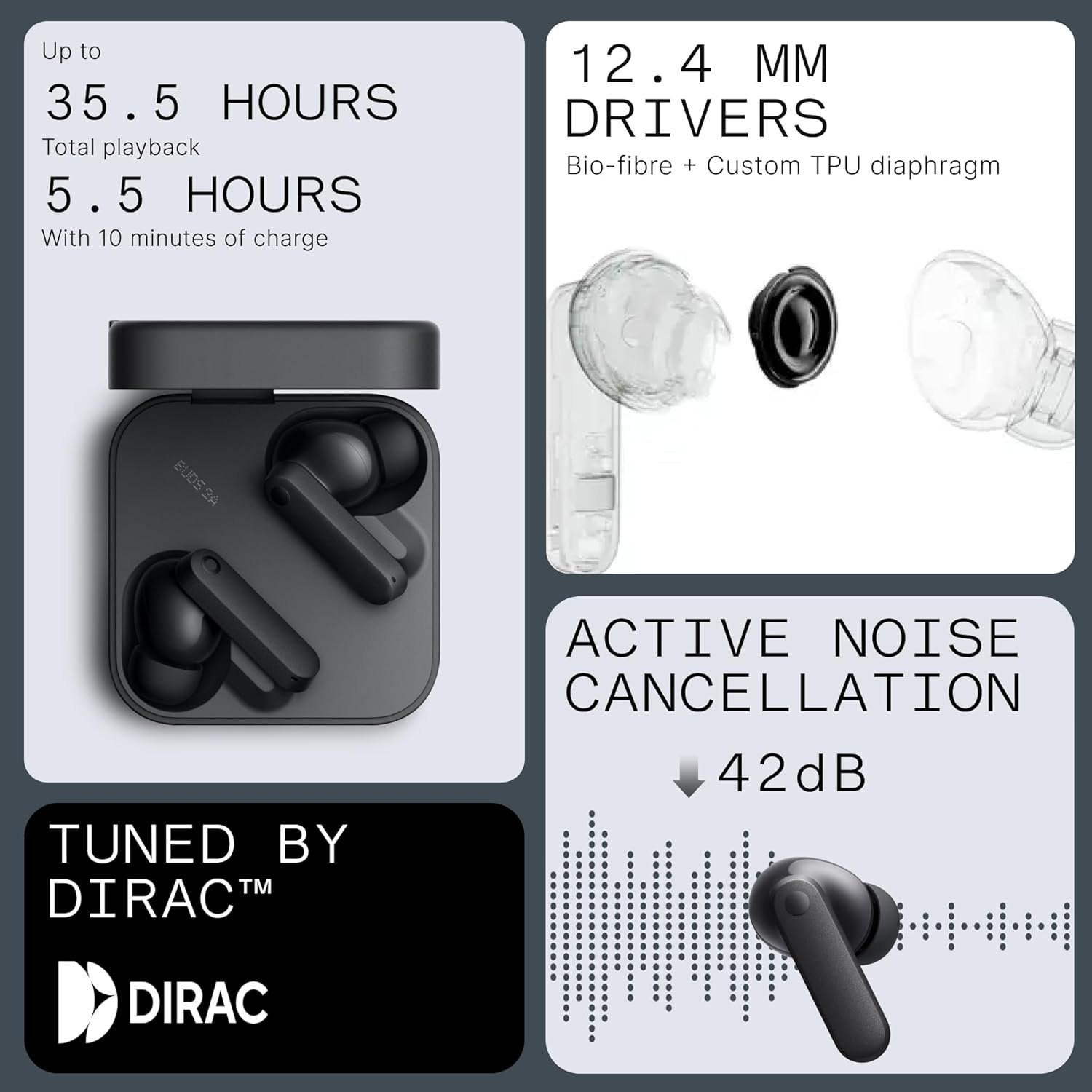 CMF Buds 2a Wireless Earbuds 2025 New Active Noise Cancelling 42dB Hybrid ANC Bluetooth Headphones, 12.4mm Dynamic Driver for Big Bass, 4 Mic Clear Calls, Sport Ear Buds for iPhone, Android, Dark Grey - Image 4