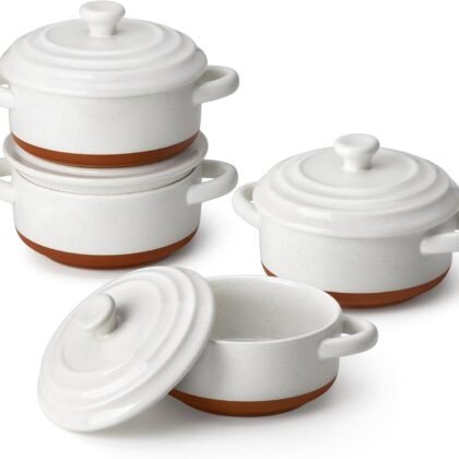 MALACASA Mini Cocotte Set - 12 OZ Small Casserole Dishes for Oven, Ramekins with Lids and Handles, Ceramic Mini Dutch Oven Set of 4, Microwave & Dishwasher Safe, Khaki White, Series TARA