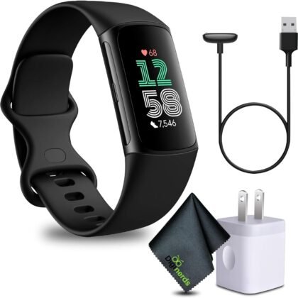 Fitbit Charge 6 Fitness Tracker Smartwatch with Heart Rate, GPS, Health Tools and More Obsidian/Black Bundle with Cleaning Cloth and Charger