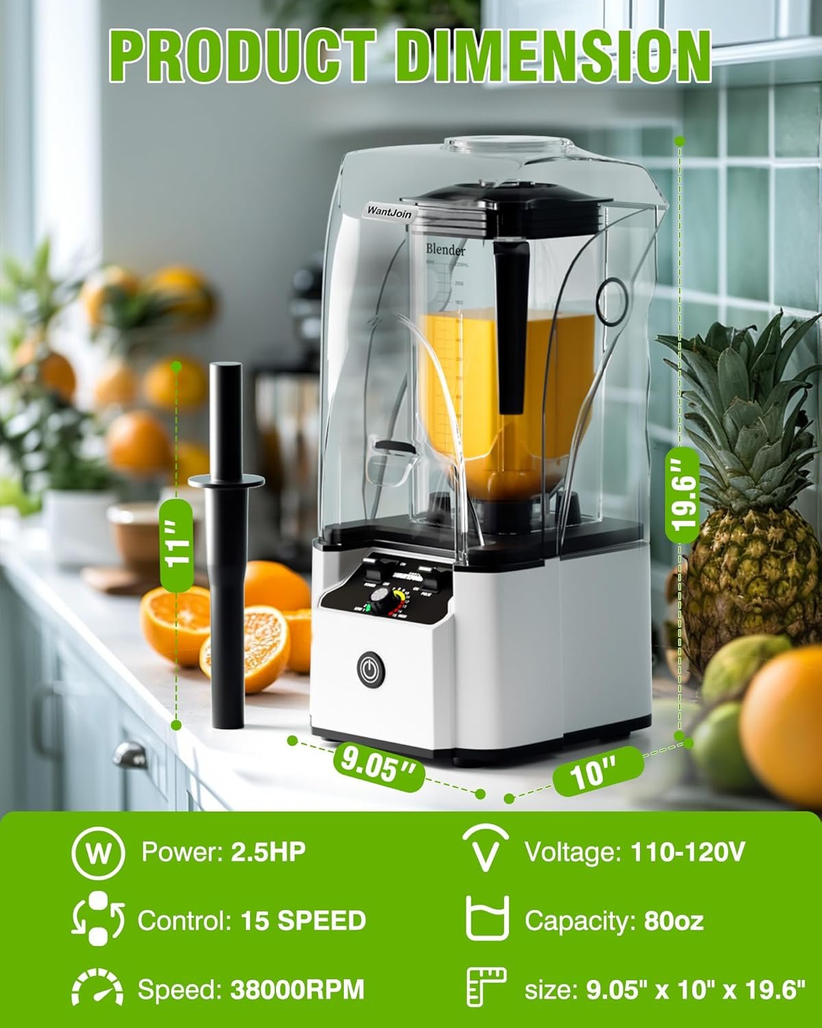 WantJoin Quiet Blender - Kitchen Blender with Soundproof, 2.5 HP Copper Motor, 80oz Jar, Multifunctional Silent Blenders for Smoothies, Juice, Soups, Sauce, w/ 15 Speeds, Stainless Steel 6-blade Combo - Image 6